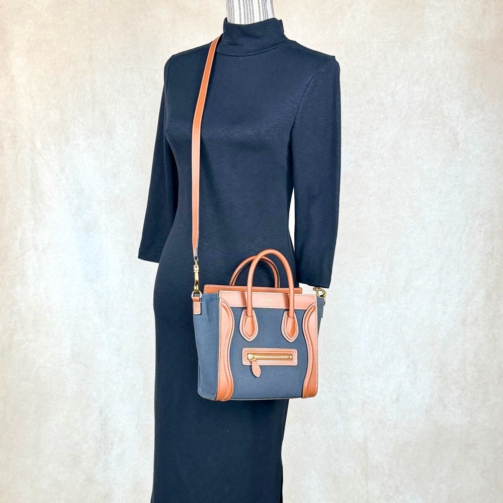 Celine Nano Luggage 2Way Blue Canvas (Denim-Style) Tan Leather Crossbody Bag - Picture 5 of 17